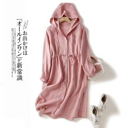 Jackets Medium Length Cotton and Linen Hooded Long Sleeved Trench Coat for Women's Autumn Waistband Cardigan