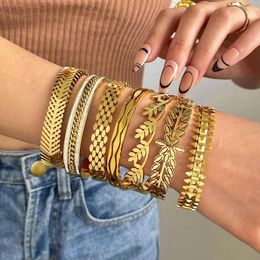 Bangle FLASHBUY Fashion Chunky Gold Color Geometry Ears Of Wheat Wide Stainless Steel Bangles Bracelets For Women Waterproof Jewelry