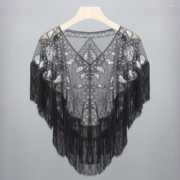 Scarves Sequined 1920s Shawl Women's Tassel Fringe Beaded Faux Pearl Sheer Mesh Wrap Cape V Neck See-through Cover