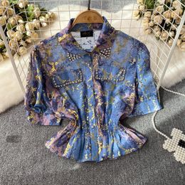 Women's Blouses Summer Design Puff Short Sleeve Diamond Turn-Down Collar Waist Leopard Print Women Chiffon Single Breasted Loose Blouse