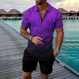 Men's Tracksuits Hawaiian Suit Male Summer Casual Print Zipper Turn Down Collar Short Sleeve Tops Shorts Holiday Vacation Travel Beach