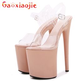 Sandals Sexy Apricot Sandals Super High Heels 20cm Fashion Extreme Platform10CM Pole Dance Shoes Model Show Transparent Shoes 230714