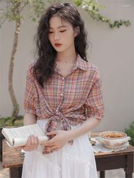 Women's Blouses Elegant Cotton Linen Shirt Top Korean Casual Loose Daily Shirts&blooms Summer Plaid Print Beach