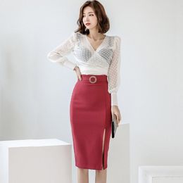 Work Dresses See Through Blouse And Red Split Bodycon Skirt Ladies Modis Streetwear 2 Piece Set Autumn Winter Sexy Two For Women