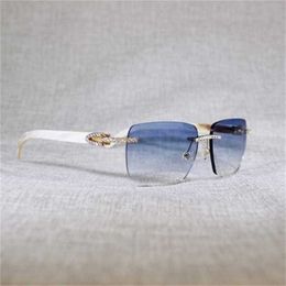 Brand Sunglasses Vintage Rhinestone Black White Buffalo Horn Rimless Men Wood Glasses Metal Frame Shades for Summer Club Eyewear