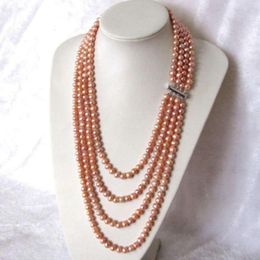 Chains Hand Knotted 4 Rows Necklace Natural 6-7mm Pink Freshwater Pearl Sweater Chain Nearly Round 22-28inch