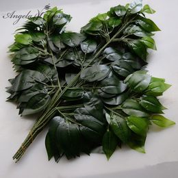 Faux Floral Greenery 12PCS Green Plants Artificial Banyan Leaf Branch Plastic Tree Rattan landscaping Accessories Wedding Garden Home Christmas Decor 230714