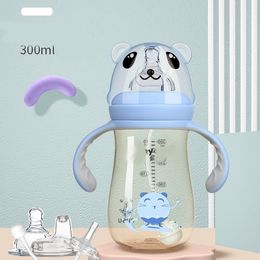 Baby Bottles# Tripl-Use Bottle Cartoon Strap Portable Drinking Straw Special Water Cup Children Water Bottle Cup 300ml Handle Milk Feeding Bot 230714