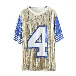 Women's T Shirts Spring Autumn European American Hiphop Girls Street Wear No.4 Gold Blue Patchwork Women T-shirt Sequined Tops Punk Tee