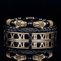 Luxus Set Armbänder Männer Doppel Leopard kopf Handgemachte Emaille Römische Ziffer Armreifen Seil Schnalle Stein Perlen Schmuck