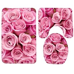 3pcs Set Pink Roses Pattern Bath Anti Slip Shower and Toilet Mat Bathroom Products 201211306k