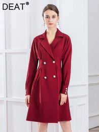 Casual Dresses Bead Elastic Waist Dress Notched Long Sleeve Double Breasted Elegant Wine Color Office Lady Cloth Autumn 2023 15G7213