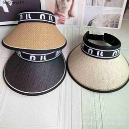 Japanese and Korean miu Letter Empty Top Straw Hat Women's Summer Sunshade Sunscreen Straw Hat Net Red Travel on the Beach M Empty Top Straw Hat