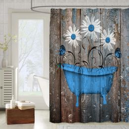 Shower Curtains Vintage wood daisy printed shower curtains waterproof polyester fabric shower screen bathroom partition bathroom curtains with hooks 230714