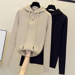 Women's Sweaters 4XL Size Women Autumn Winter Thick Basic Sweater Pullover 2023 Long Sleeve Button Hooded Solid Oversized Kint