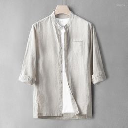 Men's Casual Shirts Vintage Chinese Style Men Linen Shirt Summer Loose Fit Three-quarter Sleeve Stand Collar Tops Male Clothing