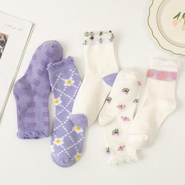 Women Socks Women's Thin Cotton Breathable Stockings Japanese Style Sweet And Fresh Purple Small Flower Mid Tube Lace