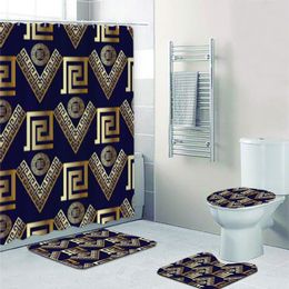 Shower Curtains Luxury 3D Gold Greek Key Decorative Shower Curtain Set for Bathroom Modern Rich Abstract Geometry Cushion Toilet Accessories 230714