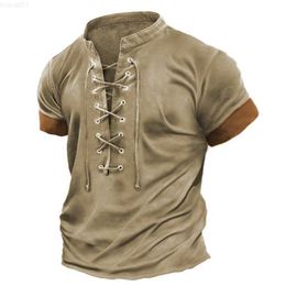 Men's T-Shirts Vintage Men's V-Neck T-shirts Short Sleeve Viking Front Lace Up Tees Shirt Casual Blouse Summer Fashion Thin Tshirt Man Tops L230715