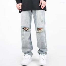 Men's Jeans F GIRLS Summer Mens Ripped Blue Loose Fit Hole Wide-leg Pants Trousers Streetwear High Quality Denim Man Clothing