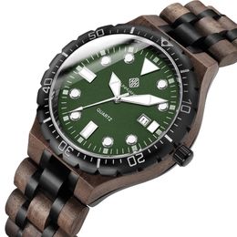 Fashion Alloy Wood Watch Natural Solid Ebony Maple Wooden Strap Green Dial Quartz Watch Date Luminous Clock Male Business Wristwta231h