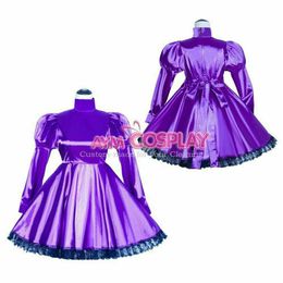 Bondage PVC lockable Dominate Femdom purple sissy satin maid dress196b