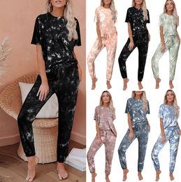 Tie dyed European and American short sleeved pajamas Women's Sleep 2023 new loose gradient printed women's home wear Lounge