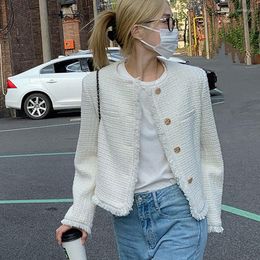 Women's Jackets HOUZHOU Korean Fashion Tweed Jacket Women Oversize Chic And Elegant Cropped White Luxury Clothing Aesthetic Coat