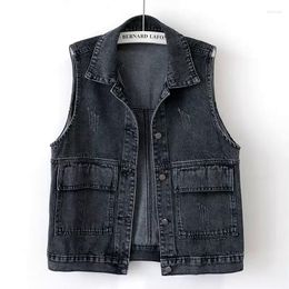 Women's Jackets Spring Fall Waistcoats Vintage Korean Style Versatile Solid Color Loose Pockets Sleeveless Single-breasted Denim Tops