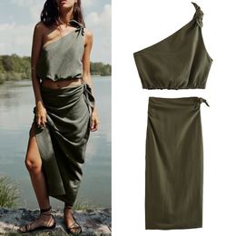 Two Piece Dress Women Linen Set Fashion Knotted Decoration Top And Skirt Youth Ladies Clothes 230715