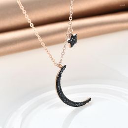 Pendant Necklaces Korean Style Fashion Black Zircon Star Moon Stainless Steel For Women Sweet Sexy Female Clavicle Chain Jewelry