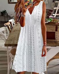Basic Casual Dresses V neck Sleeveless Solid Colour White Dress Hollow Out S 5XL Loose Fit Midi 2023 Summer Women Clothing Vestidos 230715