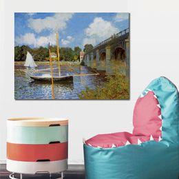 Canvas Art Impressionist The Bridge at Argenteuil Claude Monet Landscape Painting Handmade Romantic Home Decor