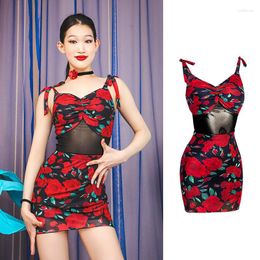 Stage Wear Latin Dance Costume Rose Sleeveless Bodysuit Skirt Adult Competition Outfit Rumba Practise ChaCha Clothes VDB6850