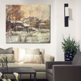 Fine Art Canvas Painting Snow Effect with Setting Sun Handcrafted Claude Monet Reproduction Artwork Home Decor