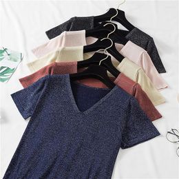 Women's T Shirts Fashion Short Sleeve V-neck Bright Wire Knit Women Korean T-shirt 2023 Summer Solid Loose Casual Tee Shirt Femme