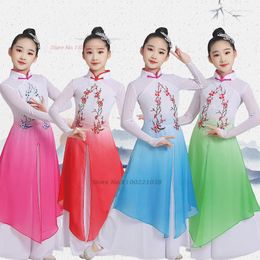 Stage Wear 2023 Chinese Children Dance Qipao Fairy Costume Flower Embroidery Tops Pants Set Ancient Dress Folk