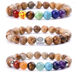 Strand UODCM Multicolor 7 Chakra 8mm Beads Bracelets Men Yoga Energy Reiki Healing Picture Jasper Stone For Women Jewellery