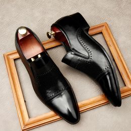 Italian Flat Mens Formal Shoes Fashion Hollow Style Genuine Leather Pointed Toe Black Wedding Casual Business Shoes Loafers Man