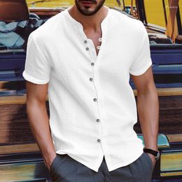 Men's Casual Shirts Summer Cotton Linen Blouse Mock Neck Solid V-Neck Short Sleeve Loose Top Handsome Men Male Fashion