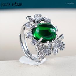 Cluster Rings JoiasHome Oval Emerald Green Gemstone Ring Opening Resizable Luxury Elegant Silver 925 Jewellery Party Anniversary Gift For Wife