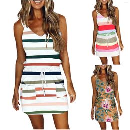 Casual Dresses Women's Color Striped Flower Print Pocket Suspender Waist Drawstring Dress