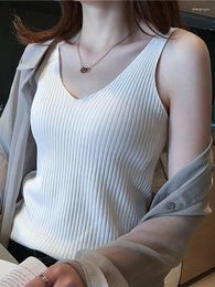 Women's Tanks T-shirt V-neck Strap Vest Solid Casual Knitted Top Black White Elegant Temperament Women Pulovers Summer Sleeveless