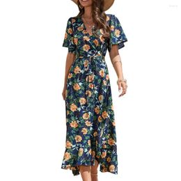 Casual Dresses Slit Irregular Tie Dress Loose Fit Side Floral Print Deep V-neck Summer With High Split Lace-up Waist Elegant