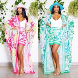 Women's Tracksuits Summer Beach Vacation Chiffon Printed Cover Up Shorts Set Sun Protection One Sleeve Cardigan Two Piece