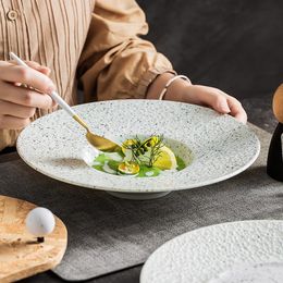 Embossed Meteorite Pattern Restaurant Round Ceramic Serving Deep Dish Salad Soup Porcelain White Dinner Plates