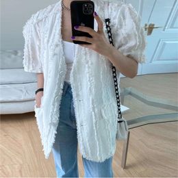 Women's Jackets V Neck Puff Short Sleeve Temperament White Tassels Jacket Women Korean Femme Cardigan Chaquetas Mujer Y2k Coat Suit Top