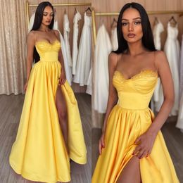 Elegant A Line Yellow Prom Dresses Sequins Collar Evening Gowns Pleats Slit Formal Long Special Ocn Party Dress