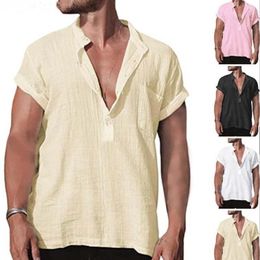 Men's Casual Shirts Summer V Neck Short Sleeve Solid Cotton Linen T-shirts Male Pocket Tee Tops FYY-94