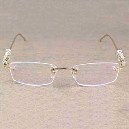 Vintage Leopard Rimless Clear Stone Transparent Glasses Frame Luxury Eyewear Men Accessories Oculos Eyeglasses 6384Kajia New